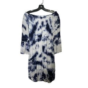 Knox Rose Tie Dye Bell Sleeve Off Shoulder Mini Dress White Blue Women's Size M